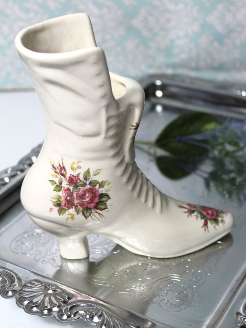 Vintage Ceramic Boot Vase Floral Roses Victorian Style Ladies Boot Cottagecore